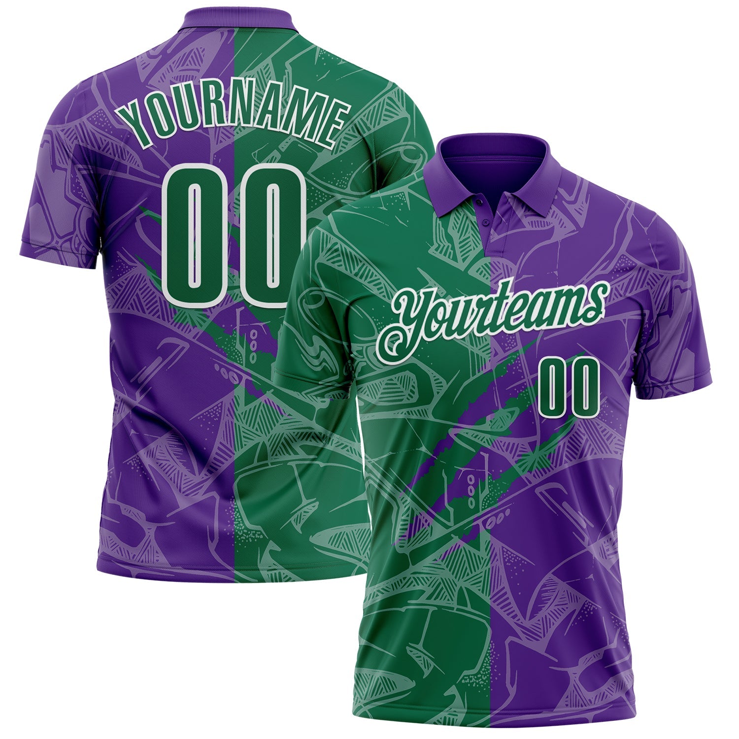Custom Graffiti Pattern Kelly Green Purple-White 3D Scratch Performance Polo Shirt