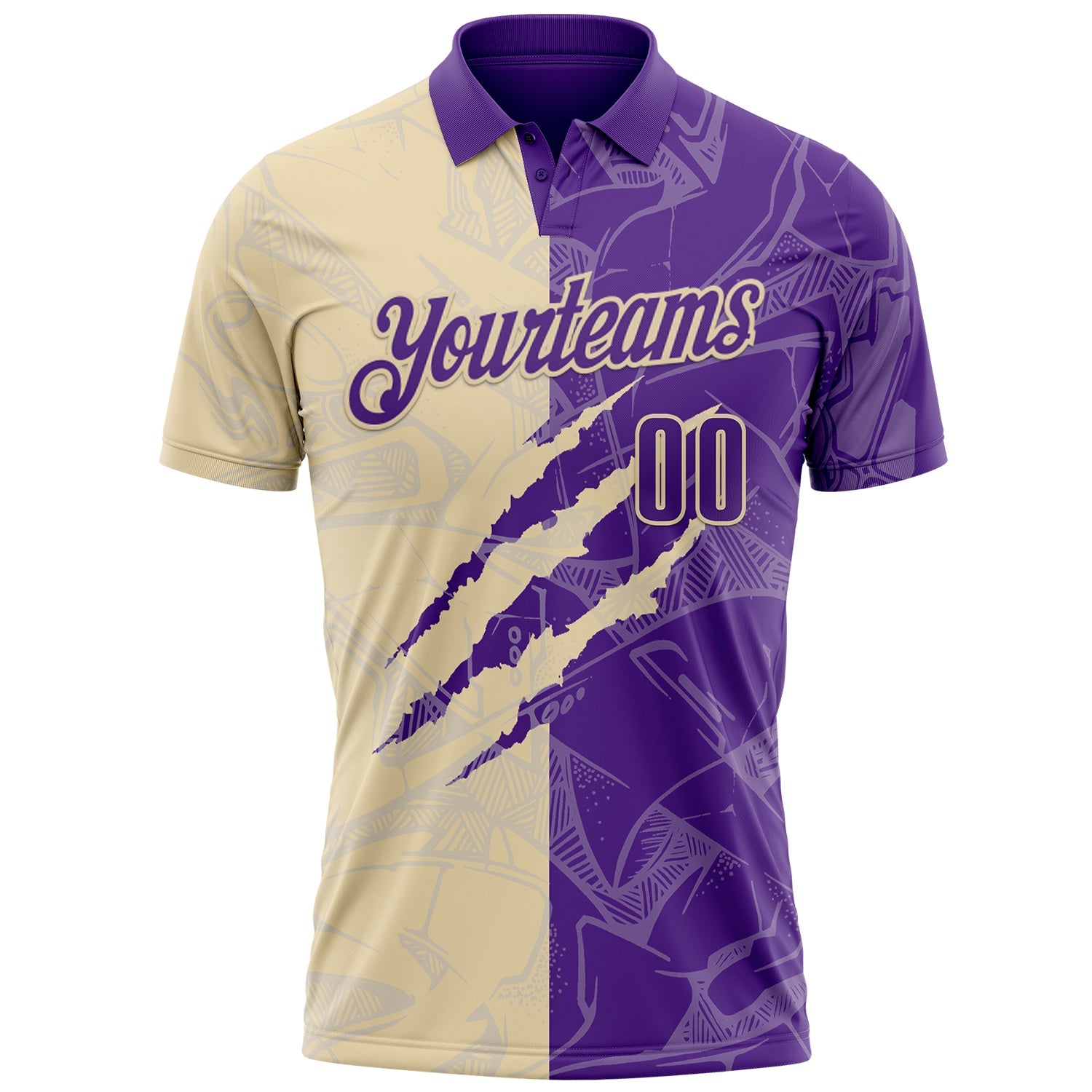 Custom Graffiti Pattern Purple-Cream 3D Scratch Performance Polo Shirt