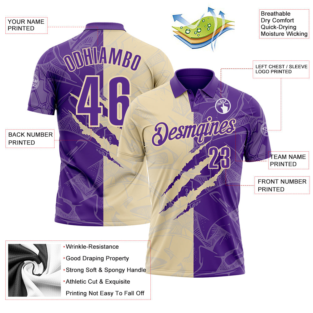 Custom Graffiti Pattern Purple-Cream 3D Scratch Performance Polo Shirt
