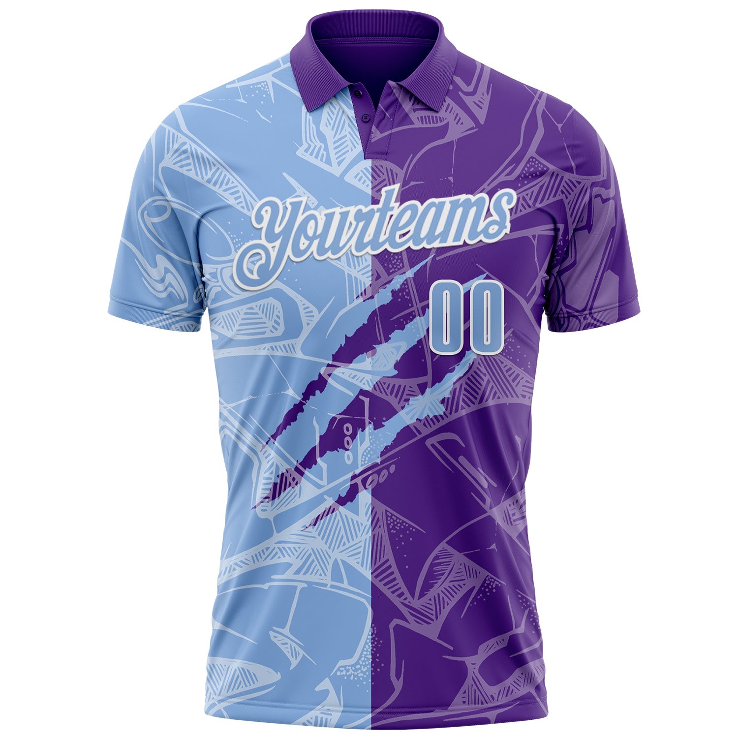Custom Graffiti Pattern Light Blue Purple-White 3D Scratch Performance Polo Shirt