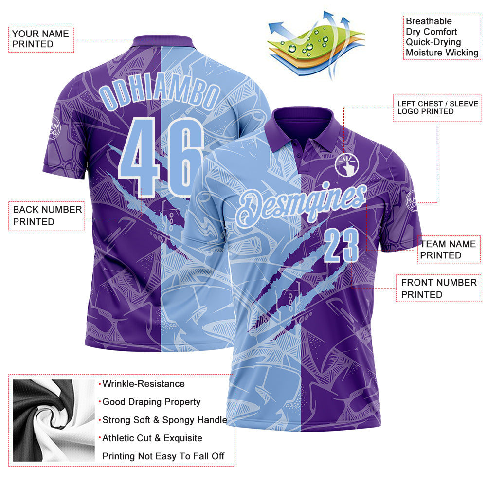 Custom Graffiti Pattern Light Blue Purple-White 3D Scratch Performance Polo Shirt