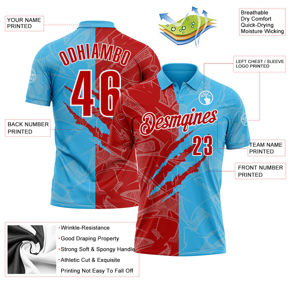 Custom Graffiti Pattern Red Sky Blue-White 3D Scratch Performance Polo Shirt