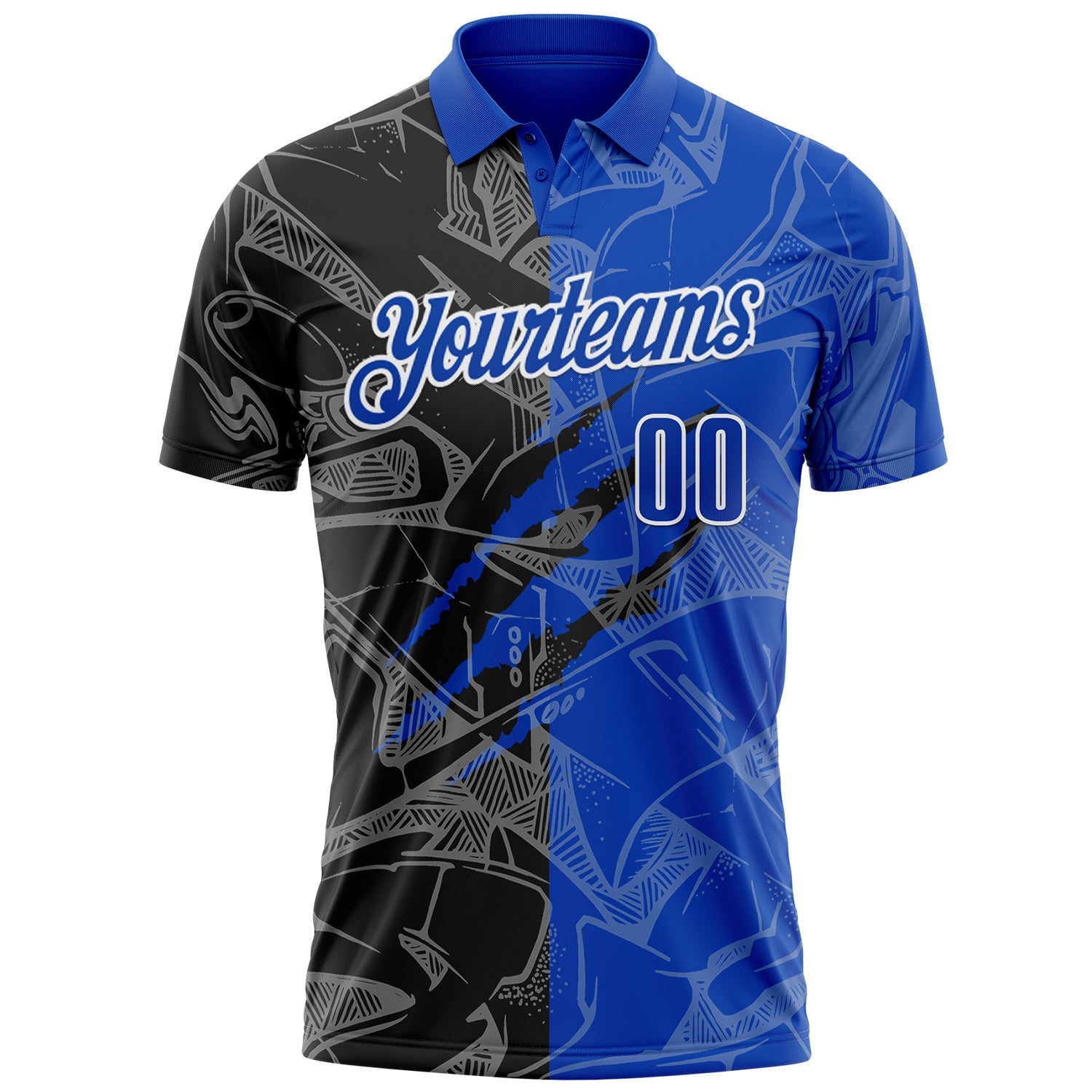 Custom Graffiti Pattern Thunder Blue Black-White 3D Scratch Performance Polo Shirt