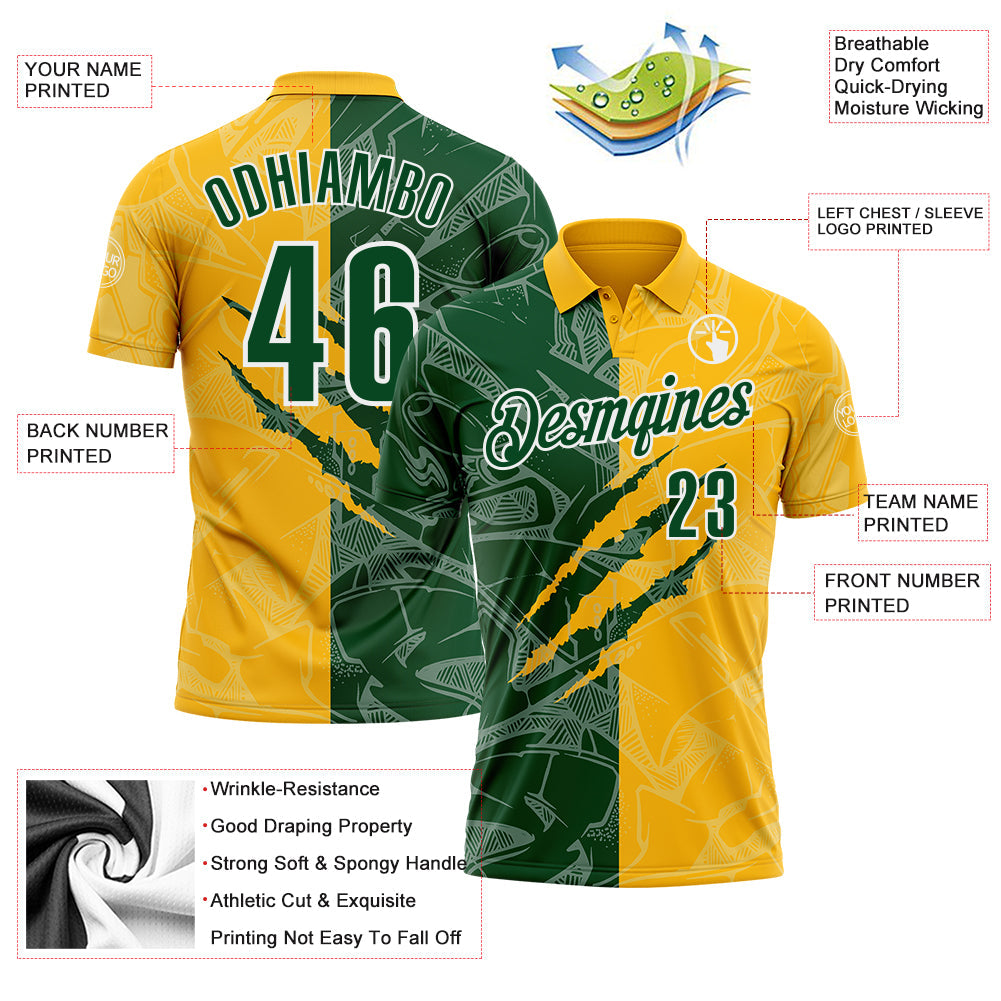 Custom Graffiti Pattern Green Gold-White 3D Scratch Performance Polo Shirt