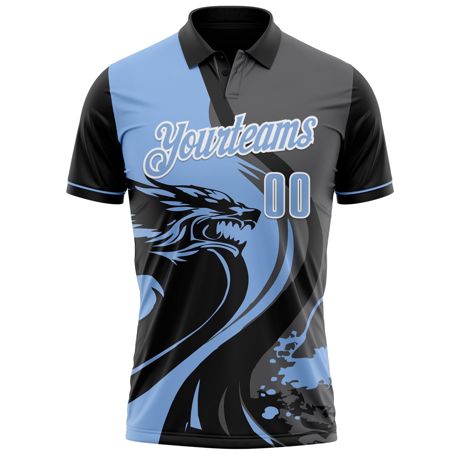 Custom Black Light Blue Steel Gray-White 3D Pattern Design Animal Wolf And Splash Performance Polo Shirt