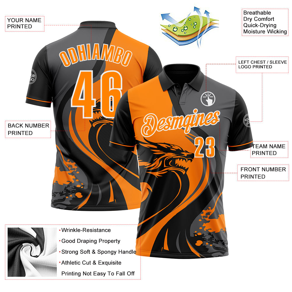 Custom Black Bay Orange Steel Gray-White 3D Pattern Design Animal Wolf And Splash Performance Polo Shirt