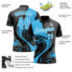Custom Black Sky Blue Steel Gray-White 3D Pattern Design Animal Wolf And Splash Performance Polo Shirt