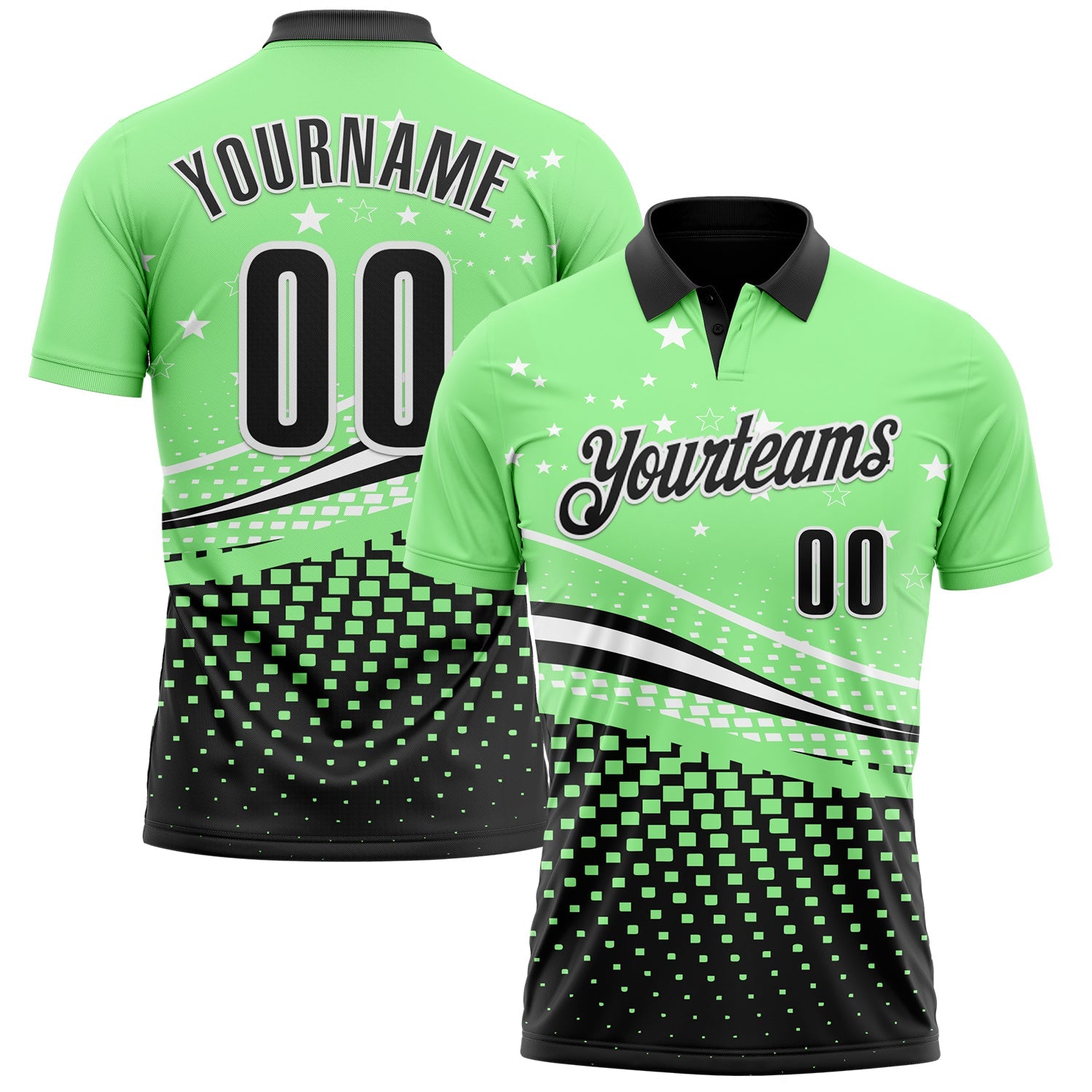 Custom Pea Green Black-White 3D Pattern Design Star And Geometric Shapes Performance Polo Shirt