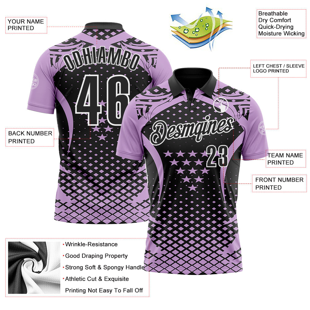 Custom Light Purple Black-White 3D Pattern Design Star And Geometric Shapes Performance Polo Shirt