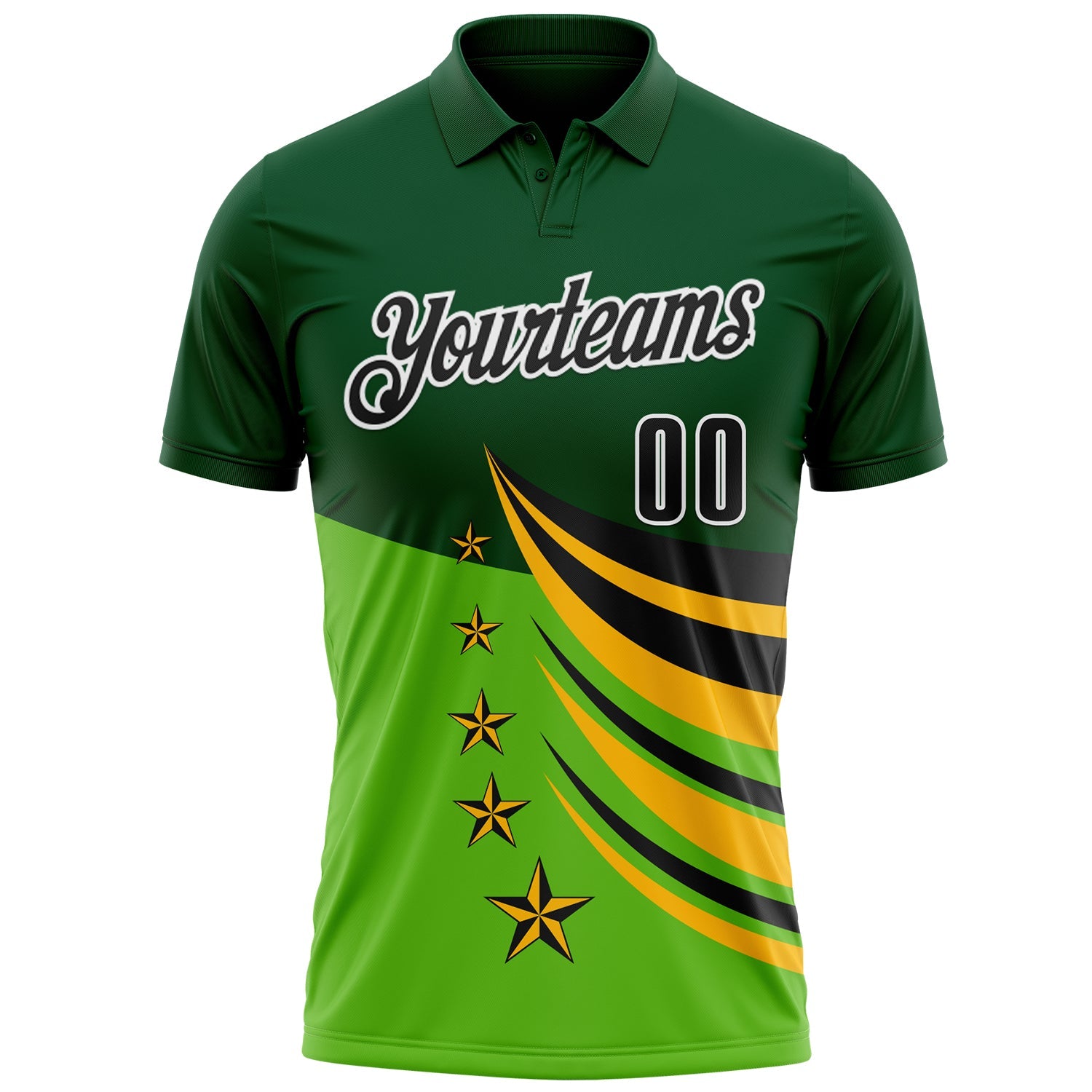 Custom Green Black Gold-White 3D Pattern Design Star Performance Polo Shirt
