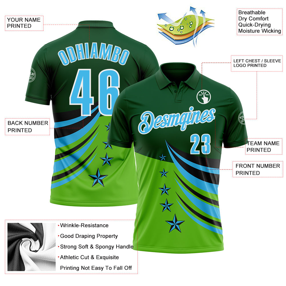 Custom Green Sky Blue Black-White 3D Pattern Design Star Performance Polo Shirt