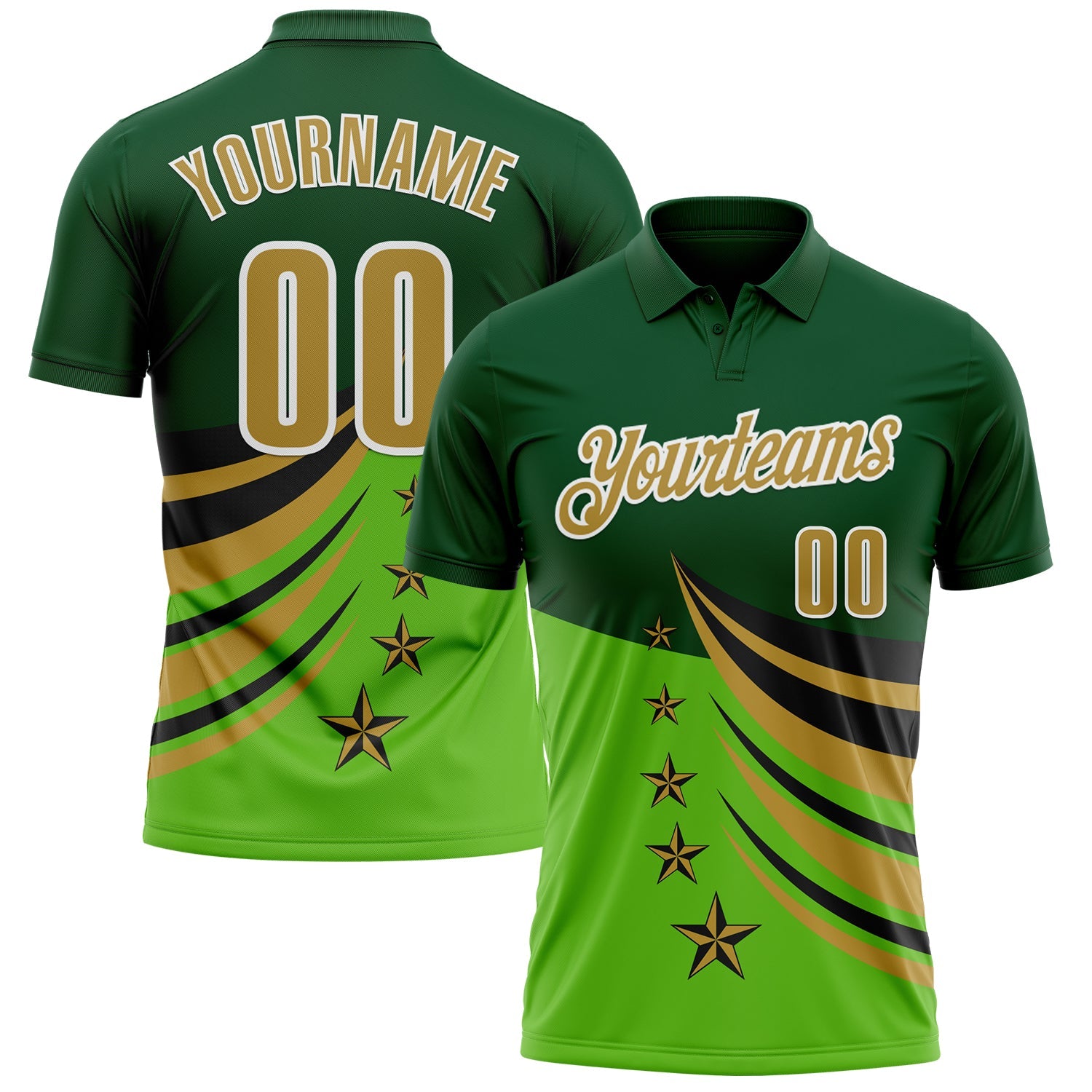 Custom Green Old Gold Black-White 3D Pattern Design Star Performance Polo Shirt