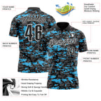 Custom Black Steel Gray Sky Blue-White 3D Pattern Design Splash Performance Polo Shirt