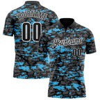 Custom Black Steel Gray Sky Blue-White 3D Pattern Design Splash Performance Polo Shirt