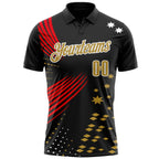 Custom Black Old Gold Fire Red-White 3D Pattern Design Star And Geometric Shapes Performance Polo Shirt