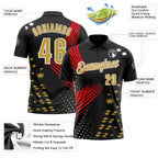 Custom Black Old Gold Fire Red-White 3D Pattern Design Star And Geometric Shapes Performance Polo Shirt
