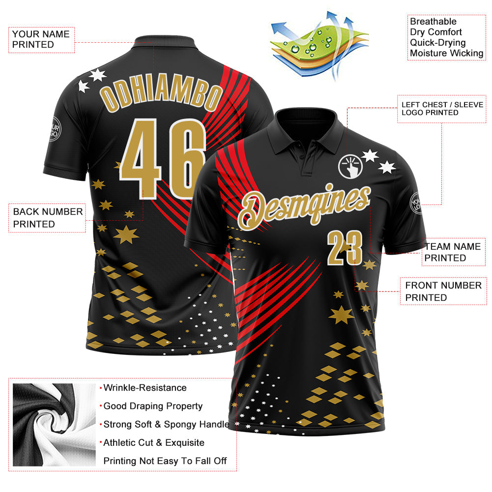 Custom Black Old Gold Fire Red-White 3D Pattern Design Star And Geometric Shapes Performance Polo Shirt