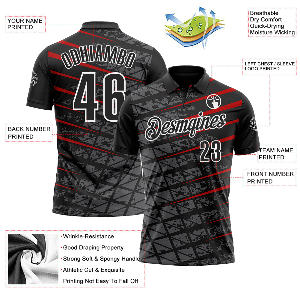 Custom Black Steel Gray Red-White 3D Pattern Design Grid And Fragment Art Performance Polo Shirt
