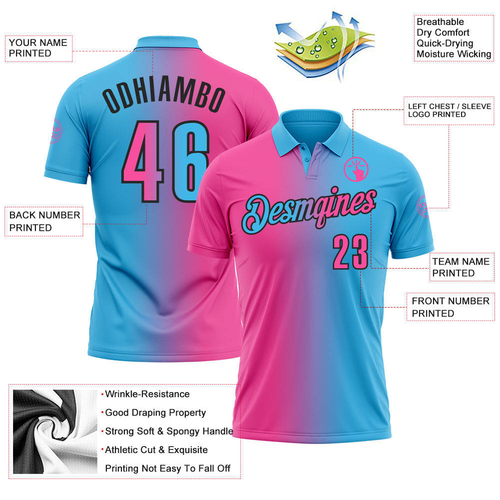 Custom Sky Blue Pink-Black 3D Gradient Fashion Performance Polo Shirt