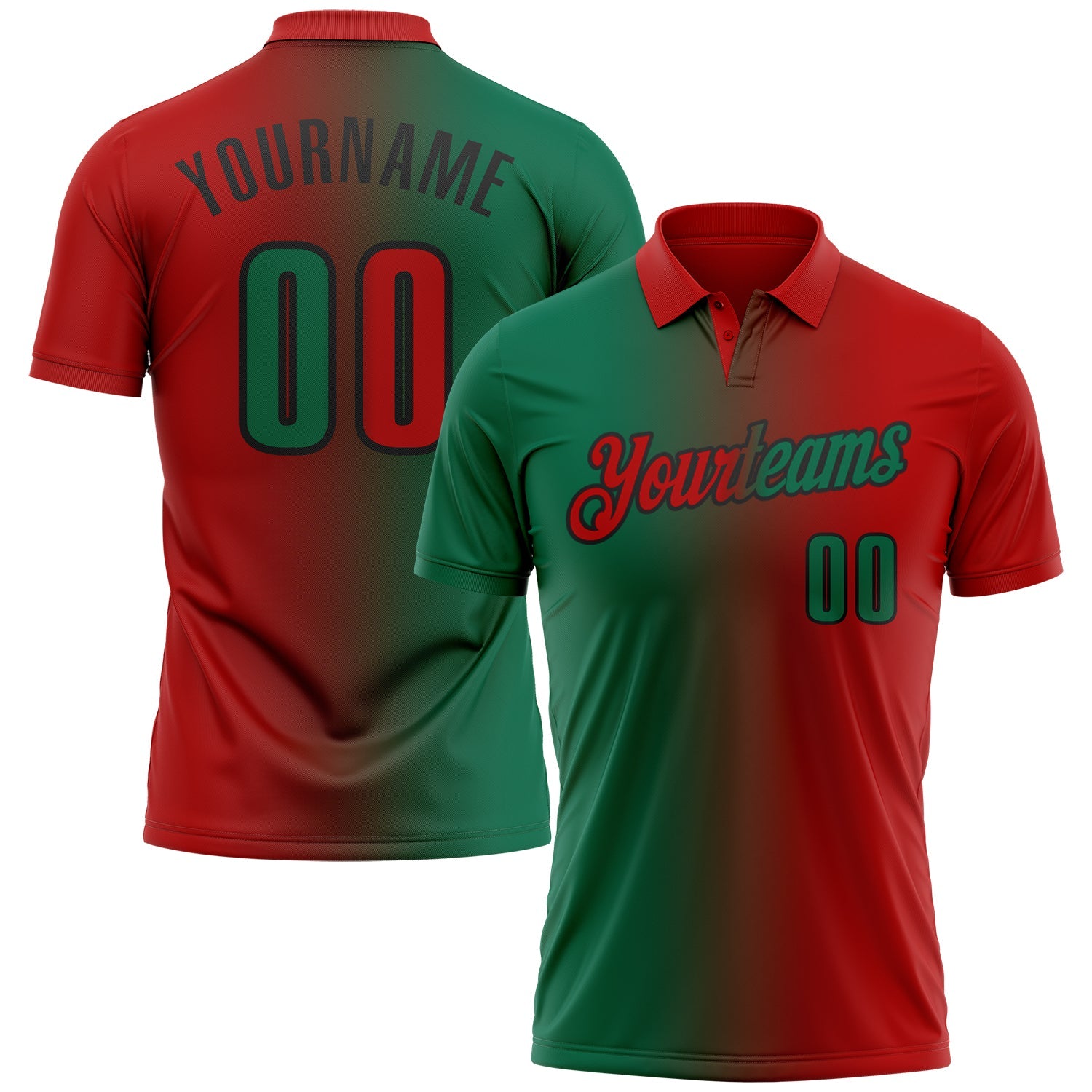 Custom Red Kelly Green-Black 3D Gradient Fashion Performance Polo Shirt