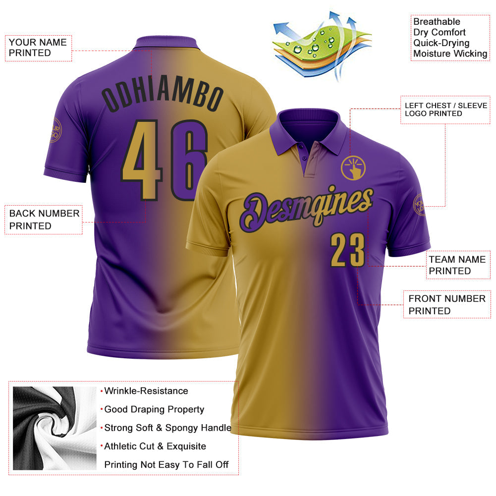 Custom Purple Old Gold-Black 3D Gradient Fashion Performance Polo Shirt