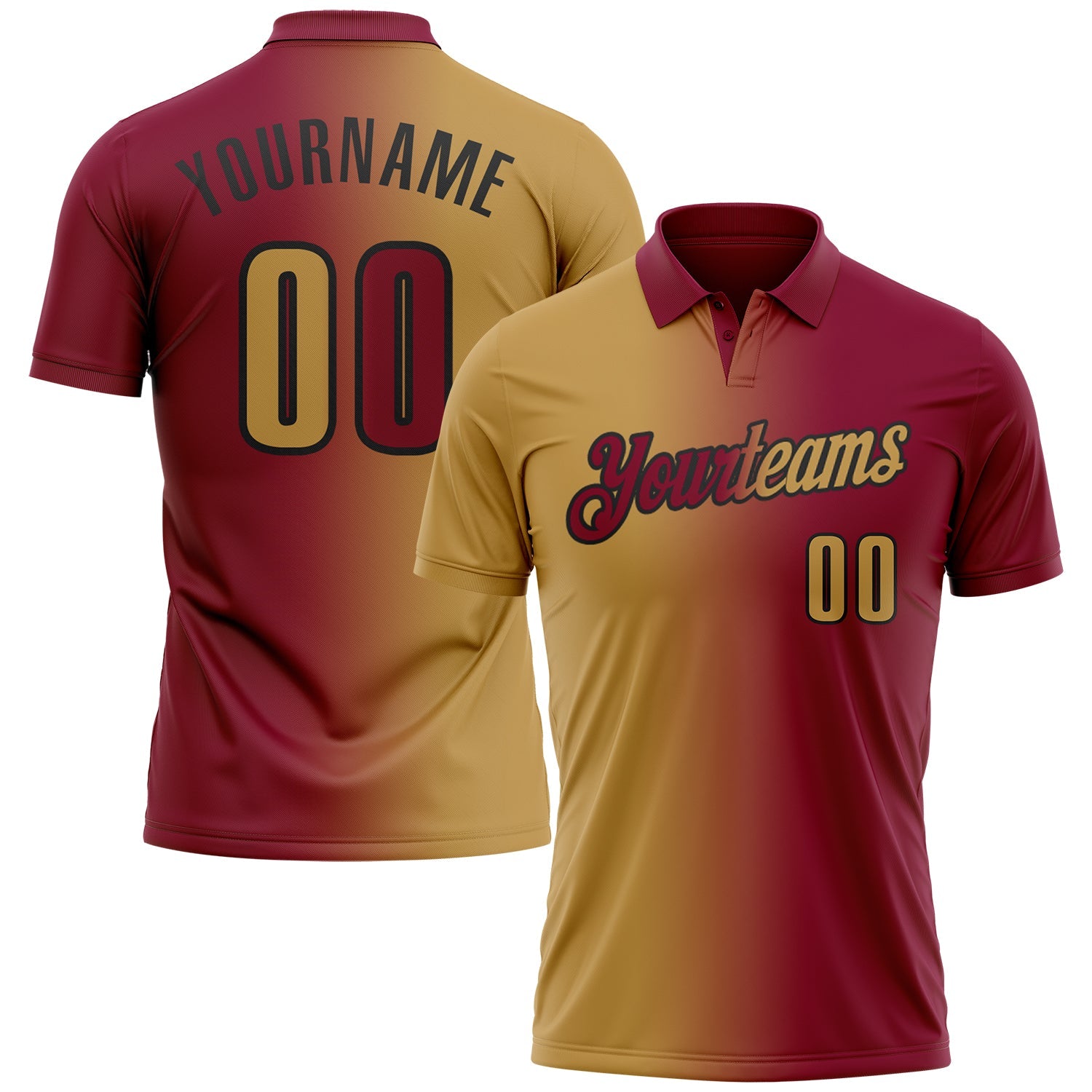 Custom Maroon Old Gold-Black 3D Gradient Fashion Performance Polo Shirt