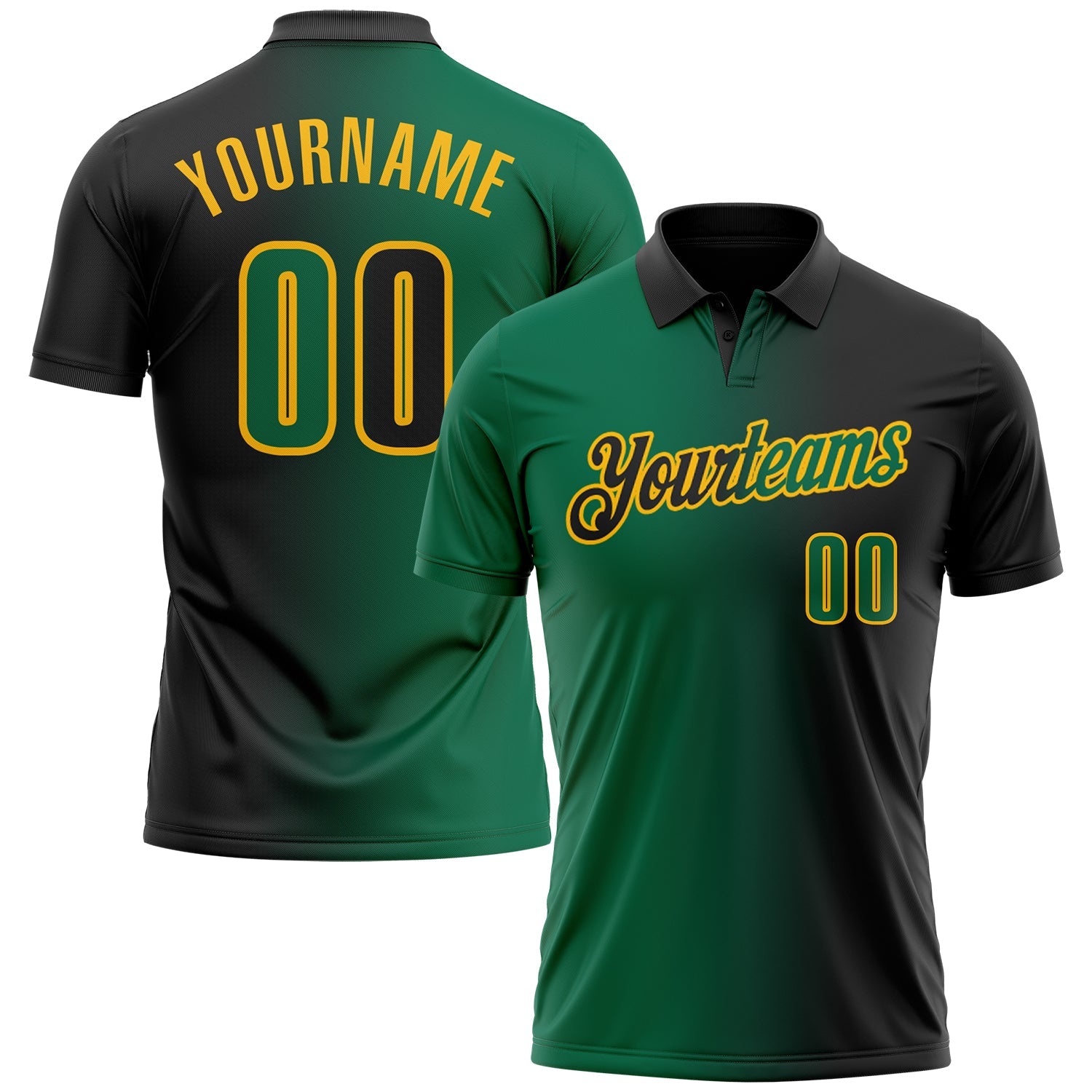 Custom Black Kelly Green-Gold 3D Gradient Fashion Performance Polo Shirt