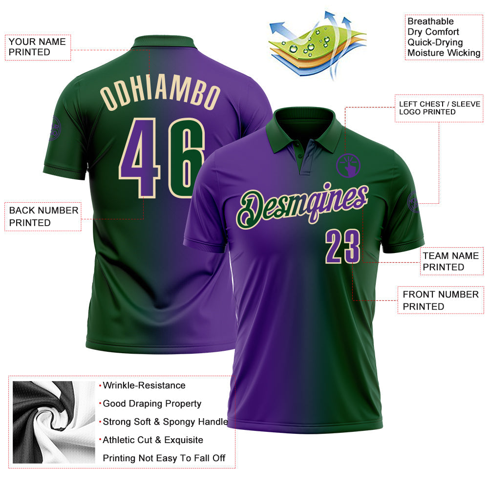 Custom Green Purple-Cream 3D Gradient Fashion Performance Polo Shirt