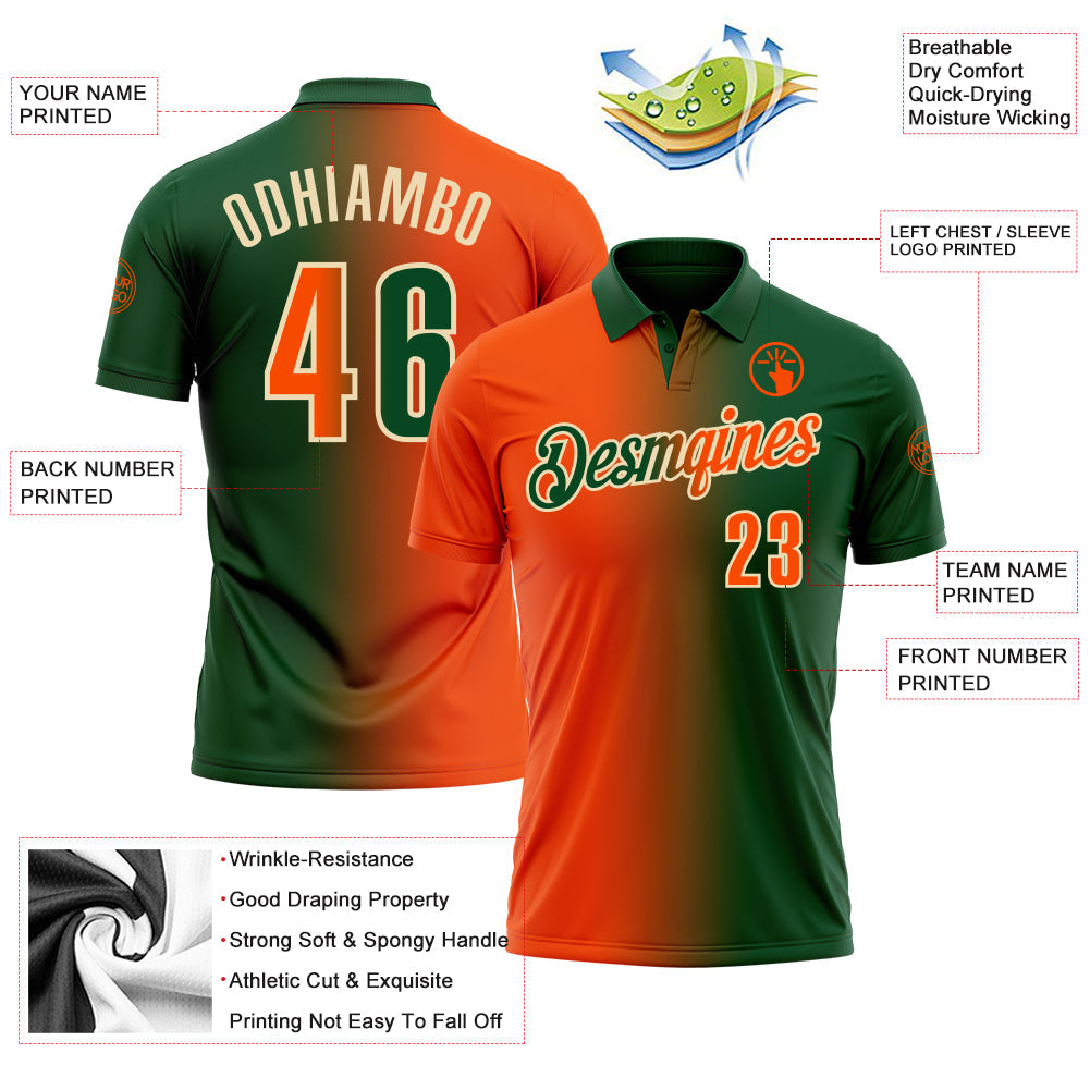 Custom Green Orange-Cream 3D Gradient Fashion Performance Polo Shirt