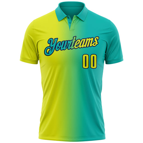 Custom Aqua Neon Yellow-Navy 3D Gradient Fashion Performance Polo Shirt