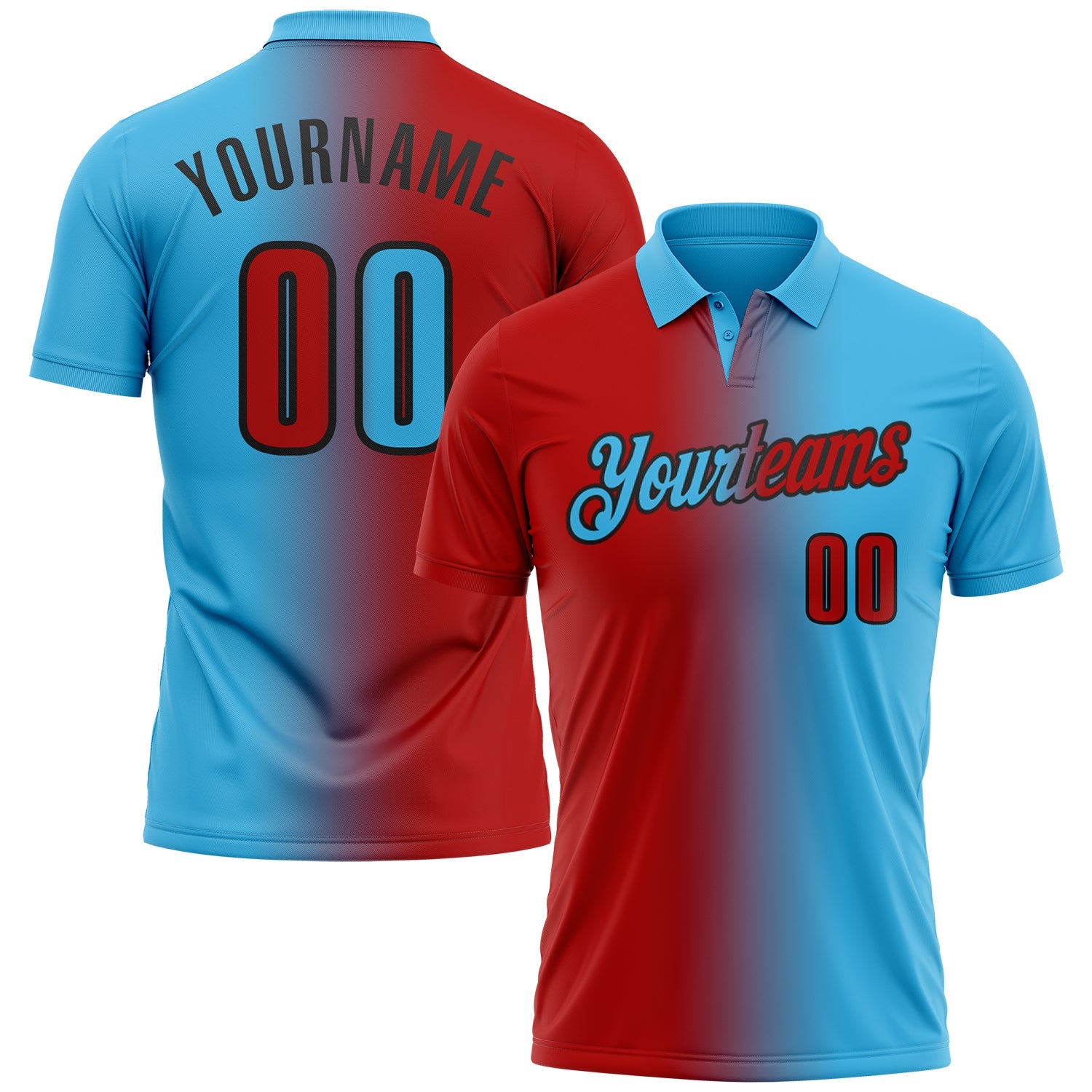 Custom Sky Blue Red-Black 3D Gradient Fashion Performance Polo Shirt