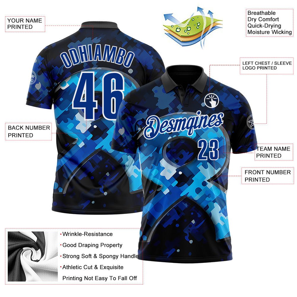 Custom Blue Royal-White 3D Pattern Design Dark Blue Ribbon Colorectal Cancer Awareness Colon Performance Polo Shirt