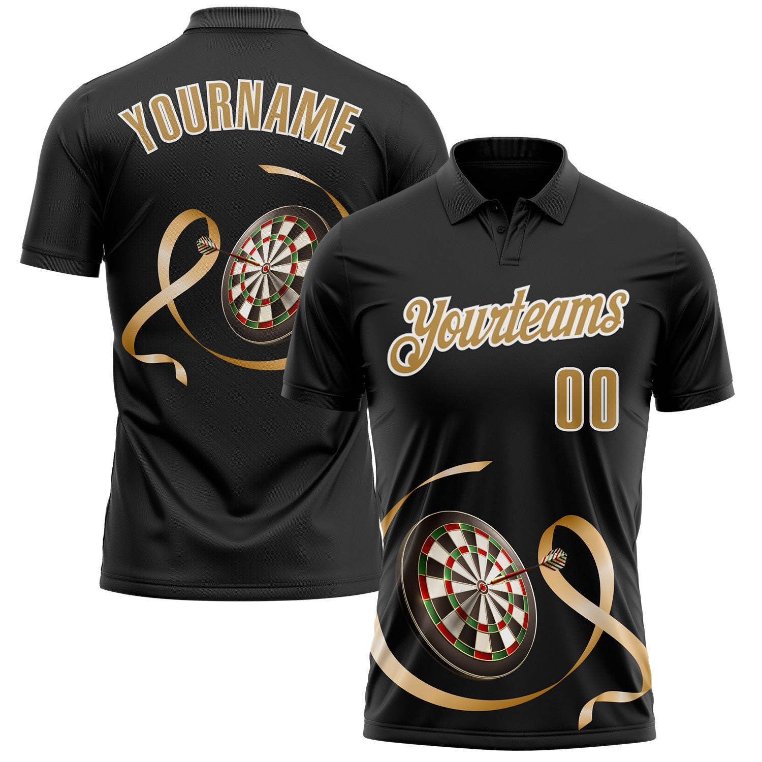 Custom Black Old Gold-White 3D Pattern Design Gold Ribbon Childhood Cancer Awareness Darts Performance Polo Shirt