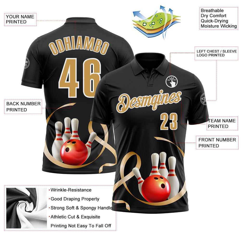 Custom Black Old Gold-White 3D Pattern Design Gold Ribbon Childhood Cancer Awareness Bowling Performance Polo Shirt