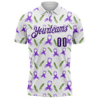 Custom White Purple 3D Pattern Design Purple Ribbon Pancreatic Cancer Awareness Performance Polo Shirt