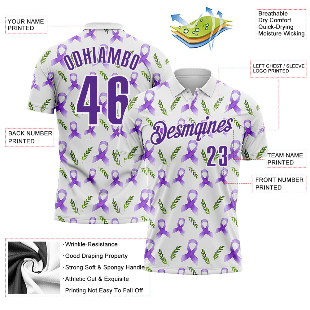Custom White Purple 3D Pattern Design Purple Ribbon Pancreatic Cancer Awareness Performance Polo Shirt