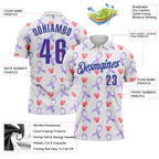 Custom White Purple-Ice Blue 3D Pattern Design Perwinkle Ribbon Gastric Cancer Awareness Hearts Performance Polo Shirt