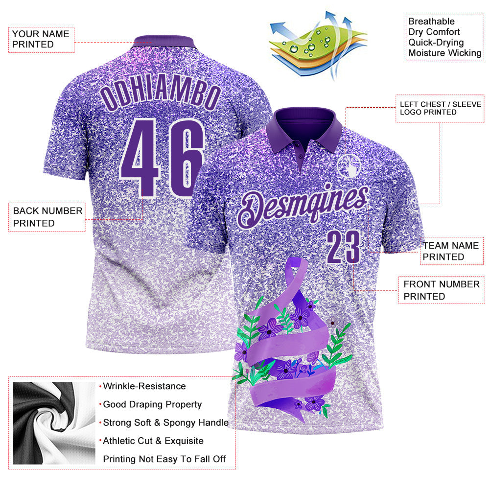 Custom Purple White 3D Pattern Design Perwinkle Ribbon Gastric Cancer Awareness Sprinkle Performance Polo Shirt