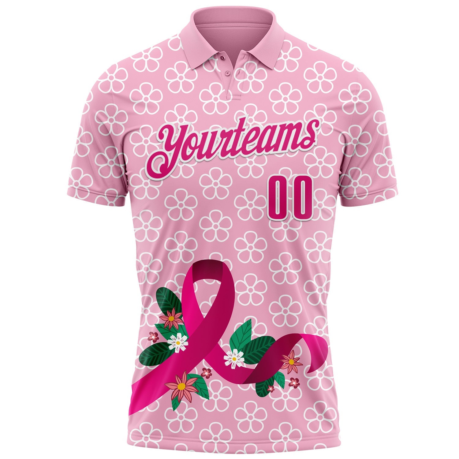 Custom Light Pink Hot Pink-White 3D Pink Ribbon Breast Cancer Awareness Floral Performance Polo Shirt