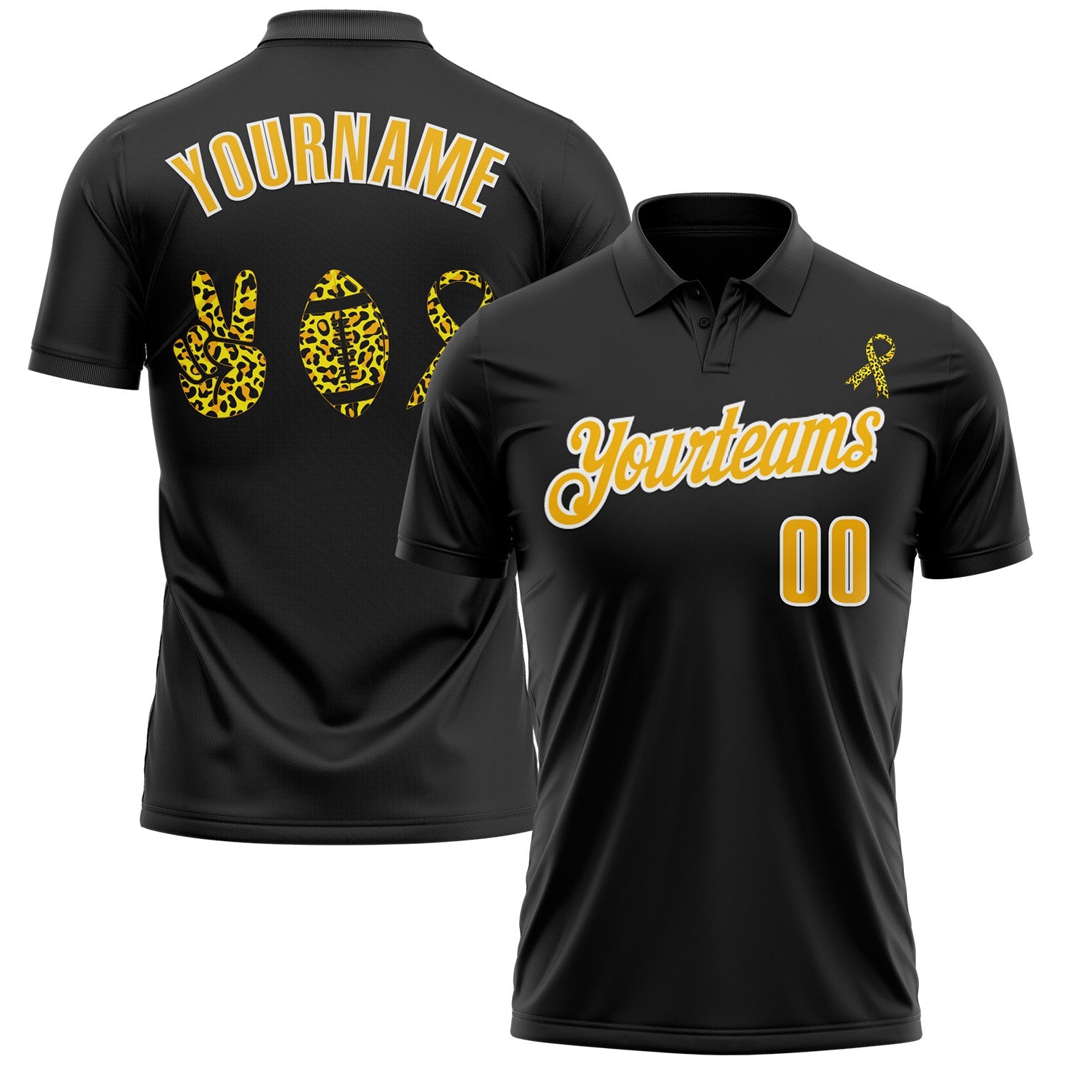 Custom Black Gold-White 3D Pattern Design Yellow Ribbon Bone Cancer Awareness Leopard Pattern Football Performance Polo Shirt