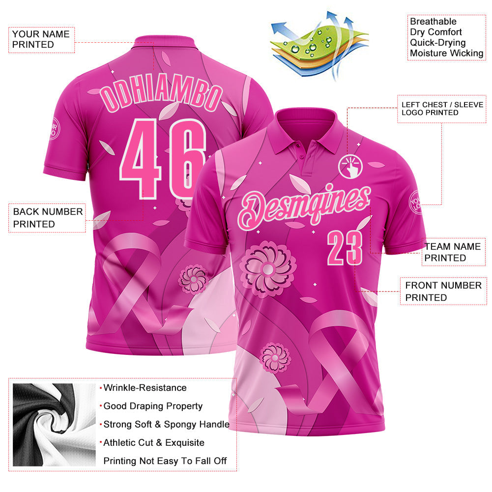 Custom Deep Pink Pink-White 3D Pink Ribbon Breast Cancer Awareness Floral Performance Polo Shirt