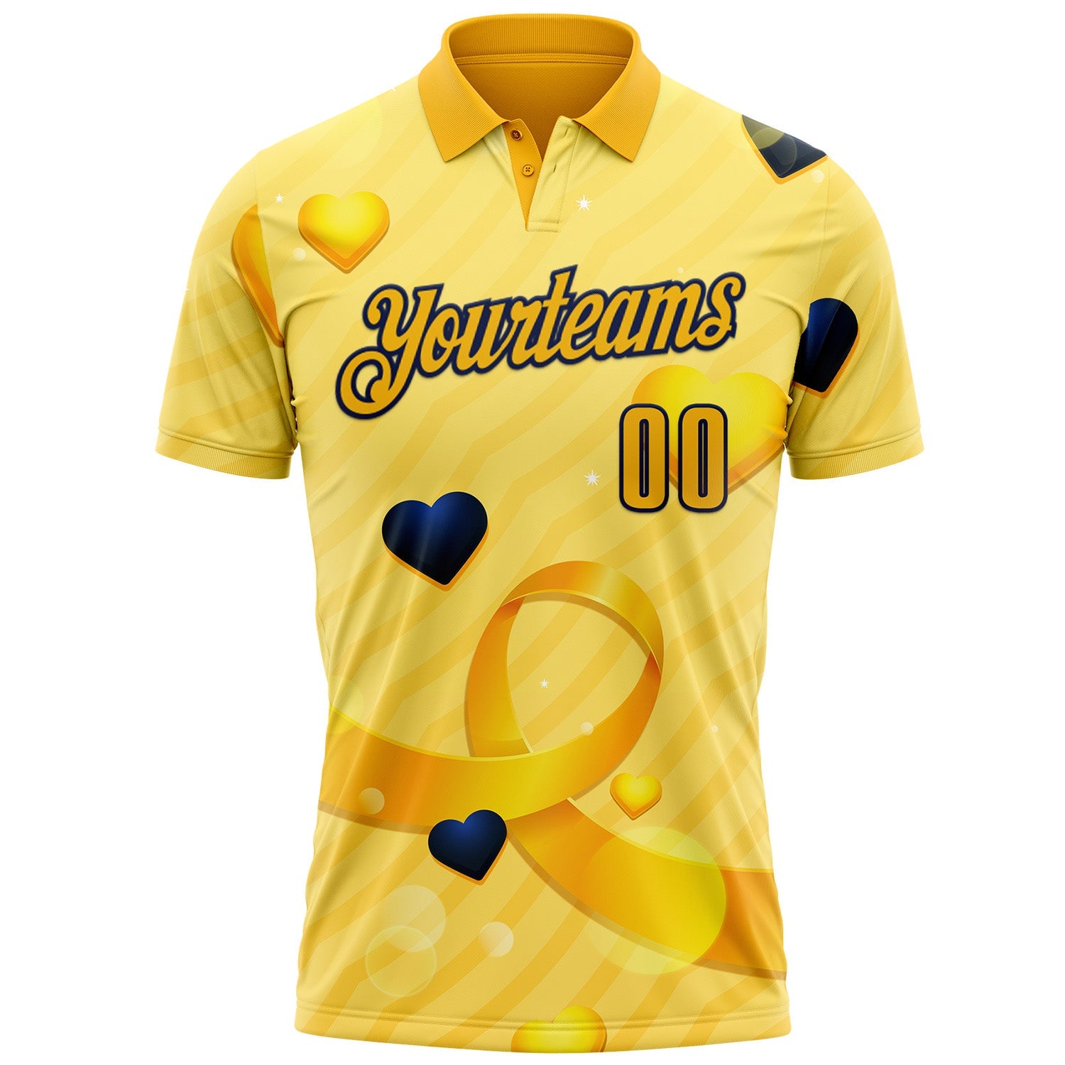 Custom Gold Navy 3D Pattern Design Yellow Ribbon Bone Cancer Awareness Performance Polo Shirt