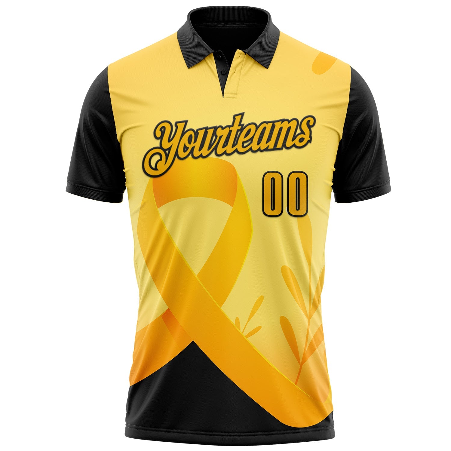Custom Gold Black 3D Pattern Design Yellow Ribbon Bone Cancer Awareness Performance Polo Shirt