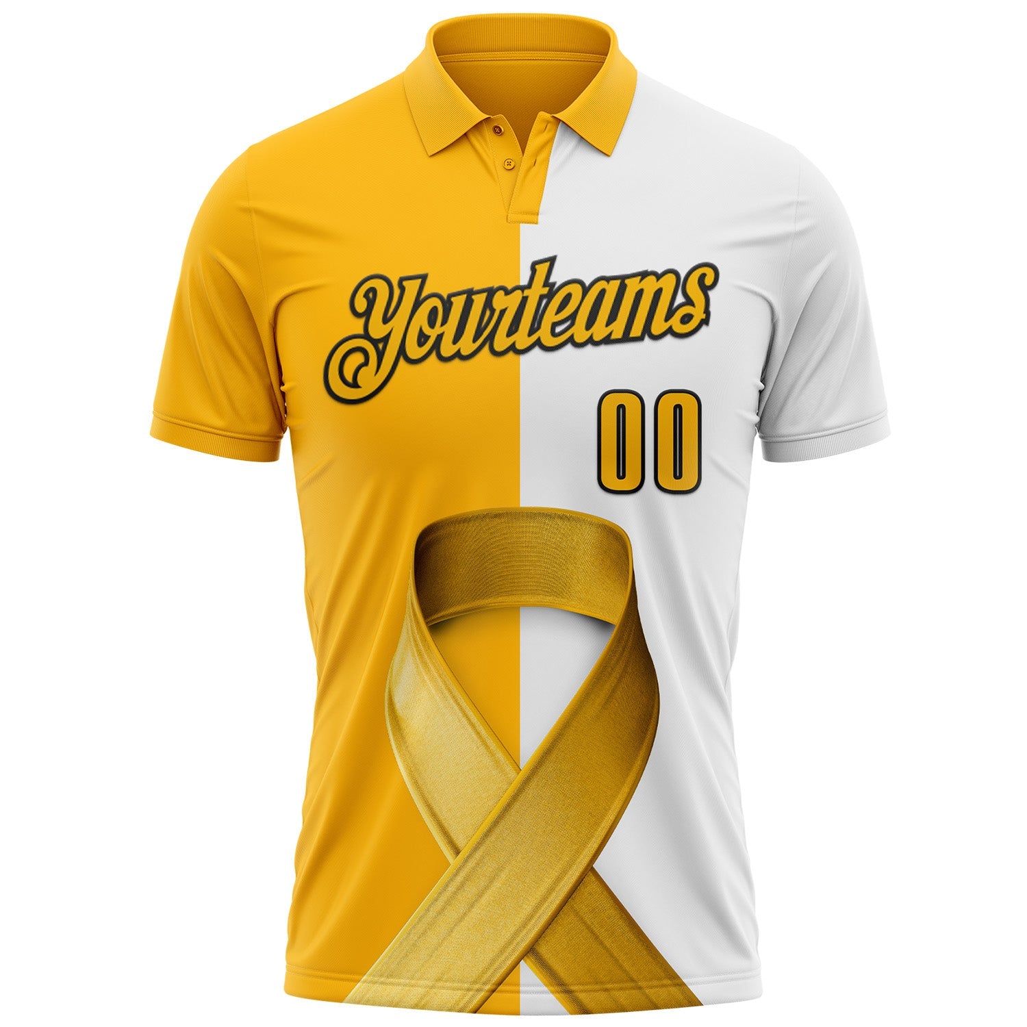 Custom White Gold-Black 3D Pattern Design Gold Ribbon Childhood Cancer Awareness Performance Polo Shirt