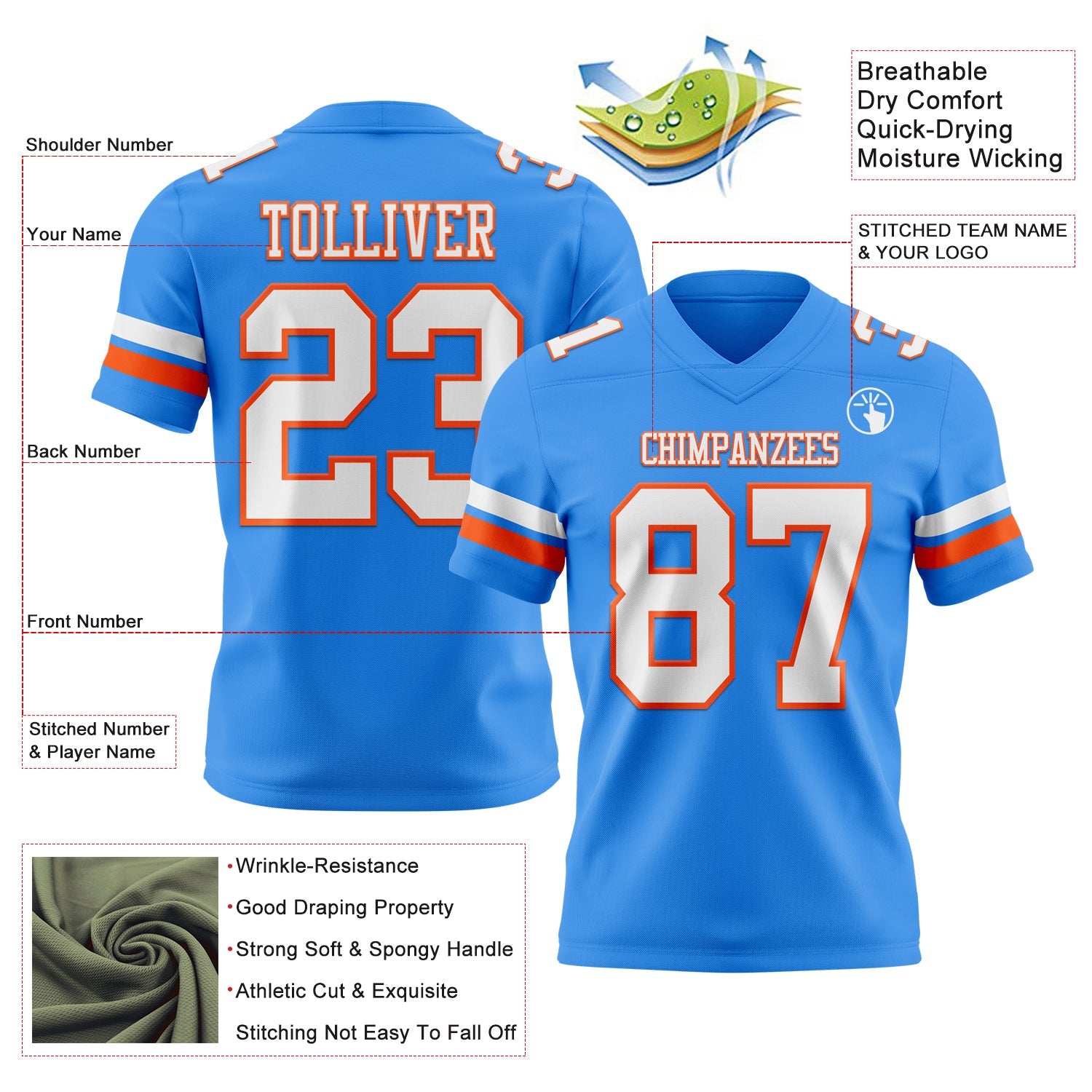 Custom Powder Blue White-Orange Authentic Football Jersey
