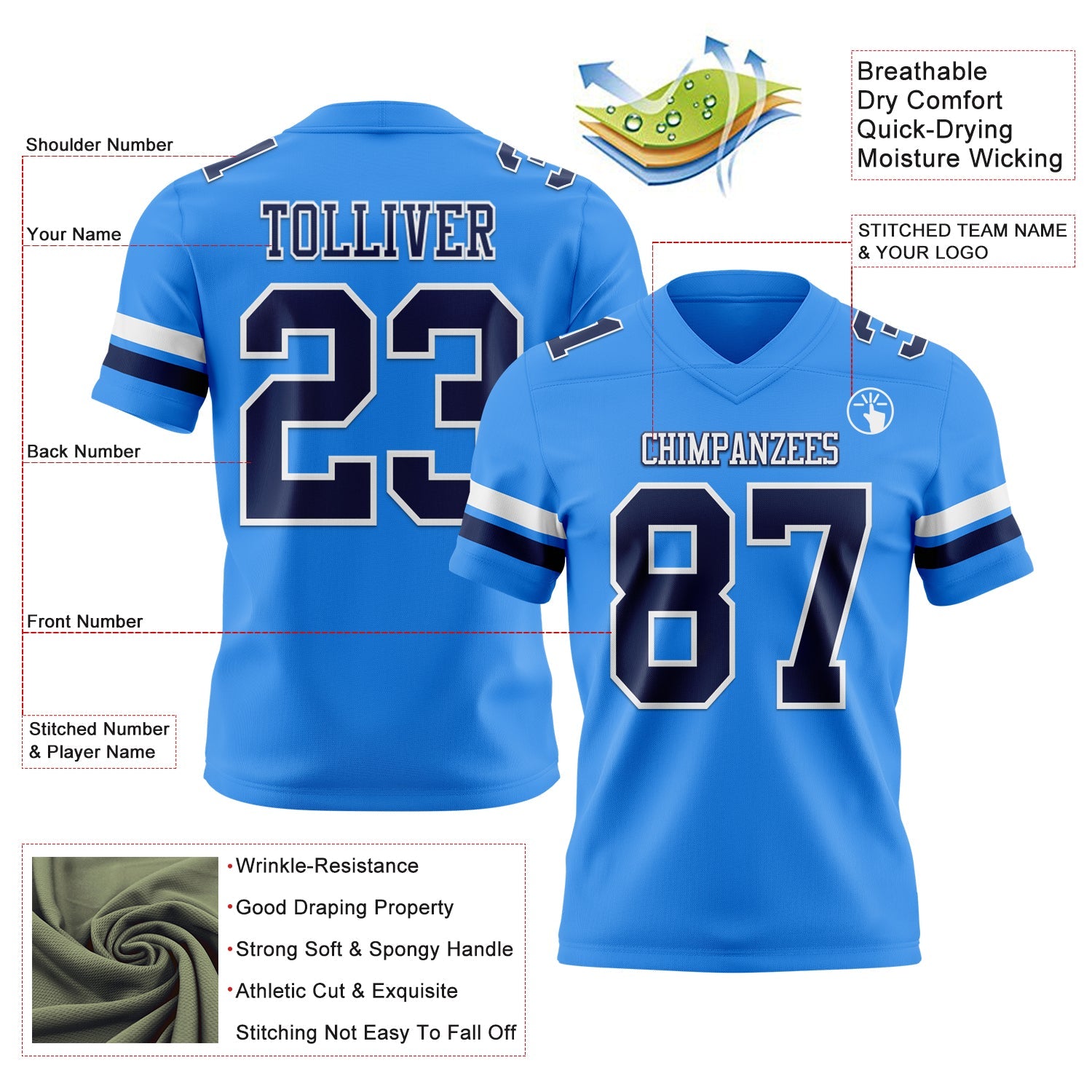 Custom Powder Blue Navy-White Authentic Football Jersey