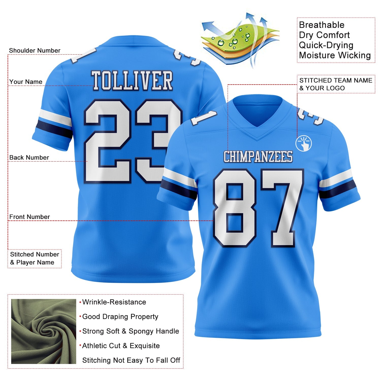 Custom Powder Blue White-Navy Authentic Football Jersey