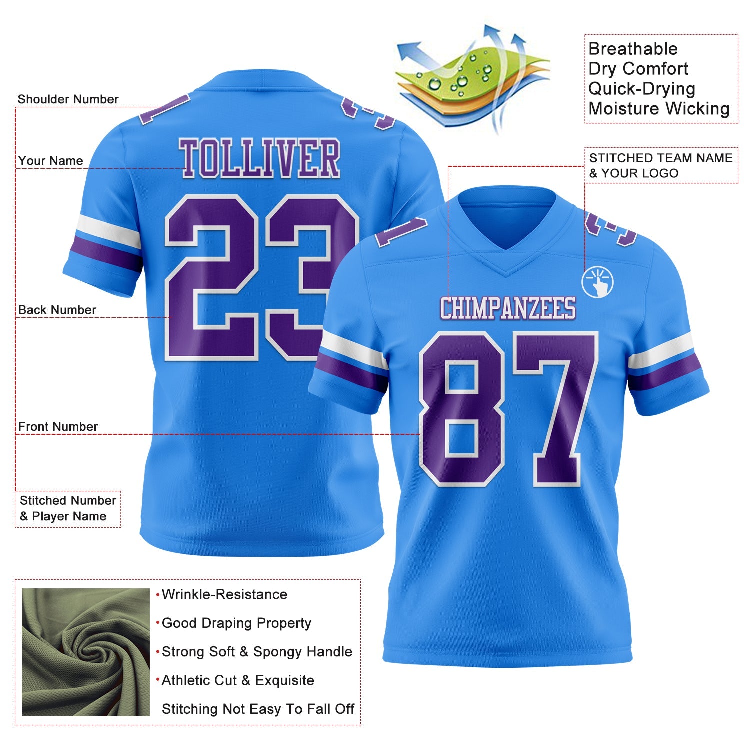 Custom Powder Blue Purple-White Authentic Football Jersey