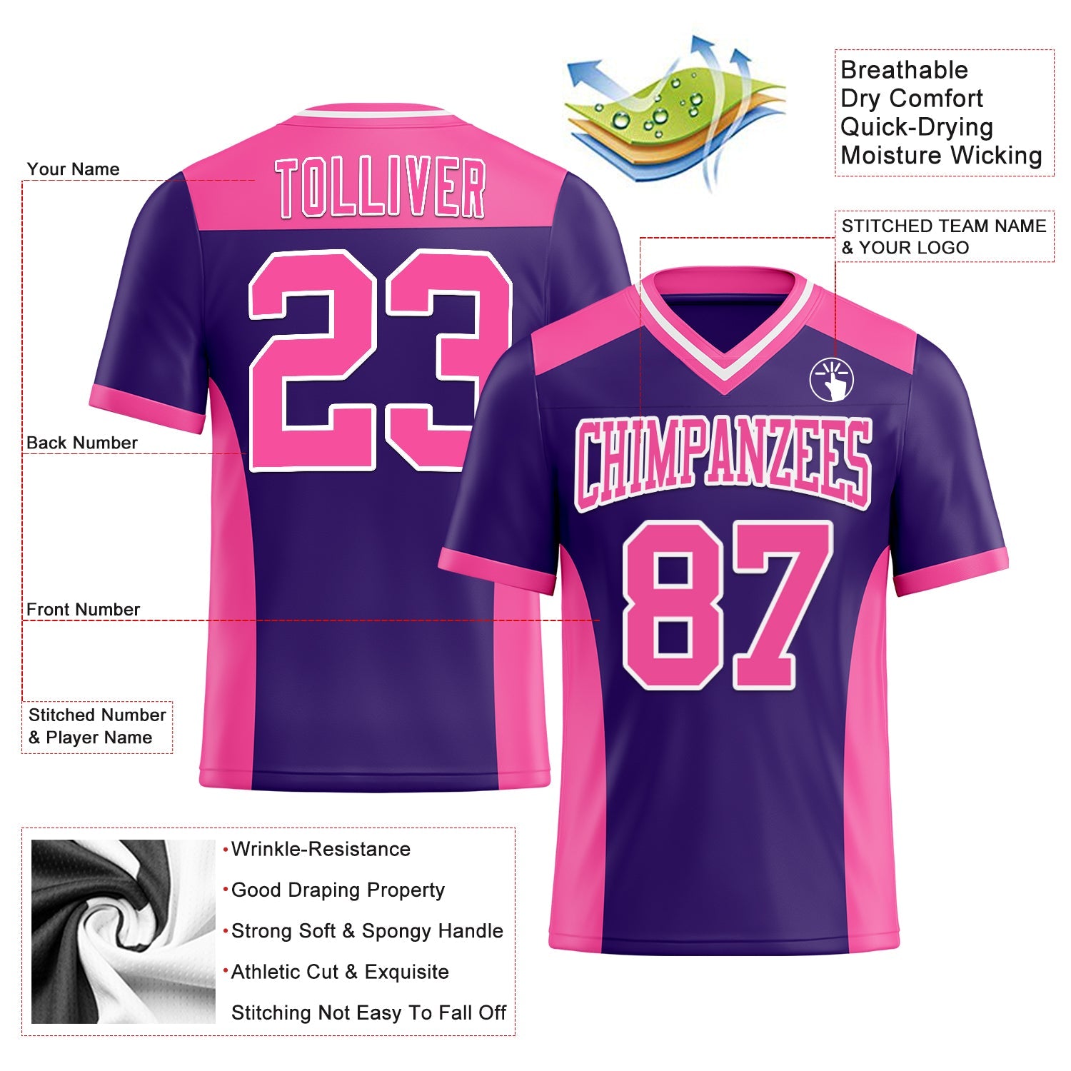 Custom Purple Pink-White Authentic Football Jersey