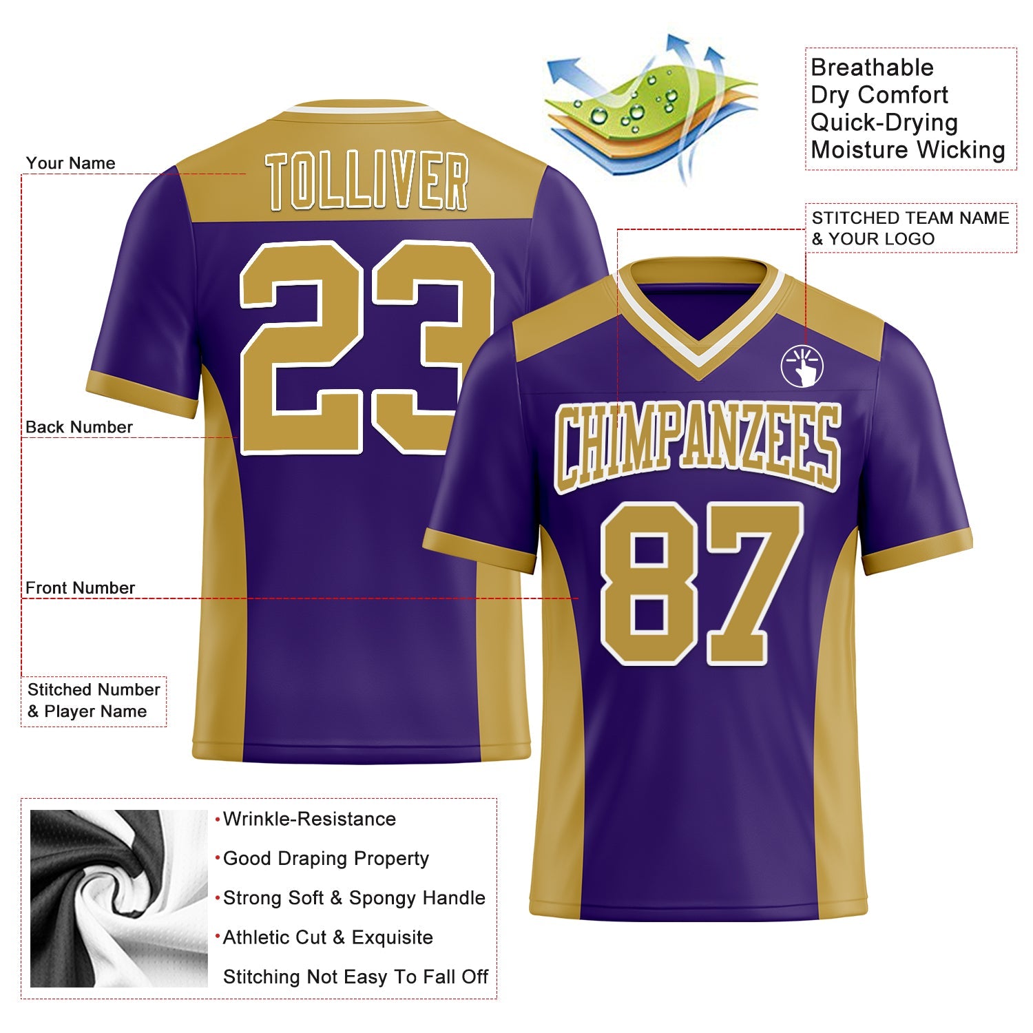 Custom Purple Old Gold-White Authentic Football Jersey